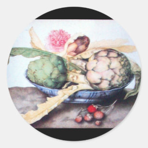 SEASON'S FRUITS 4- ARTICHOKES, ROSE & STRAWBERRIES CLASSIC ROUND STICKER