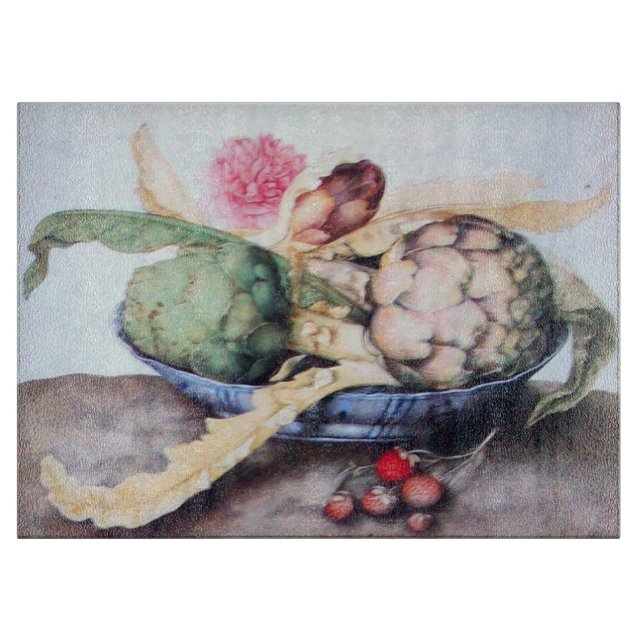 SEASON'S FRUITS 4- ARTICHOKES, ROSE & STRAWBERRIES CUTTING BOARD (Front)