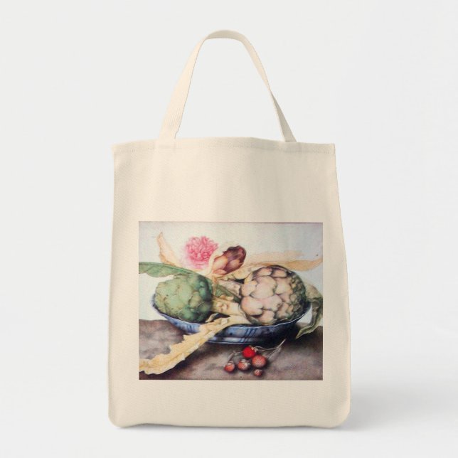 SEASON'S FRUITS 4- ARTICHOKES, ROSE & STRAWBERRIES TOTE BAG (Front)