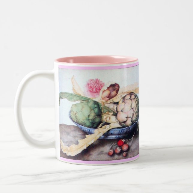 SEASON'S FRUITS 4- ARTICHOKES, ROSE & STRAWBERRIES Two-Tone COFFEE MUG (Left)