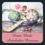 SEASON'S FRUITS / ARTICHOKE Preserve Canning Square Sticker<br><div class="desc">Artichokes ,  roses and strawberries .Elegant classical , fine art , still life collection  created with  digital elaboration of Renaissance miniatures from Florence.</div>