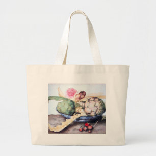 SEASON'S FRUITS ARTICHOKES, ROSE & STRAWBERRIES LARGE TOTE BAG