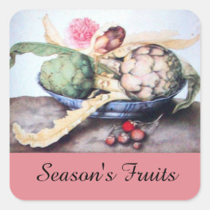 SEASON'S FRUITS / ARTICHOKES, ROSE & STRAWBERRIES SQUARE STICKER