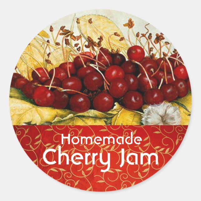 SEASON'S FRUITS CHERRIES ,CHERRY JAM Preserve Jar Classic Round Sticker (Front)