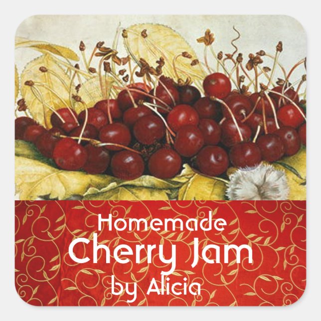 SEASON'S FRUITS CHERRIES ,CHERRY JAM Preserve Jar Square Sticker (Front)
