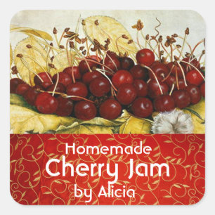 SEASON'S FRUITS CHERRIES ,CHERRY JAM Preserve Jar Square Sticker