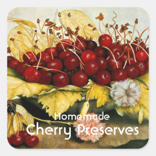 SEASON'S FRUITS CHERRIES ,CHERRY Preserve Jam Jar Square Sticker