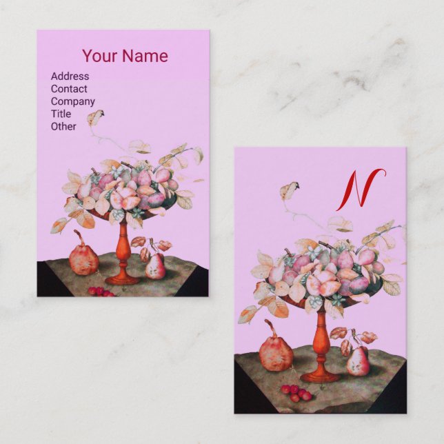 SEASON'S FRUITS FLOWERS,LEAVES MONOGRAM Pink Lilac Business Card (Front/Back)