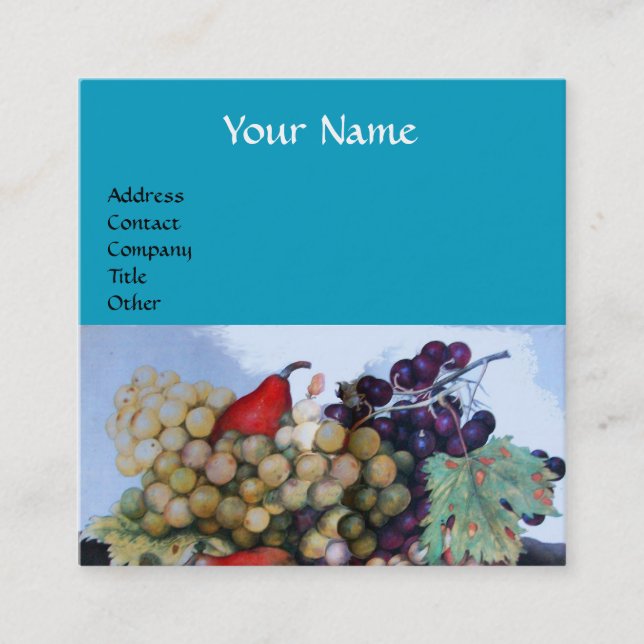 SEASON'S FRUITS GRAPES AND PEARS Bright Blue Square Business Card (Front)