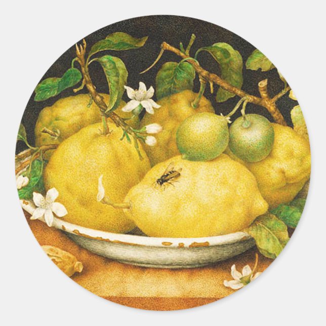SEASON'S FRUITS LEMONS AND WHITE FLOWERS CLASSIC ROUND STICKER (Front)