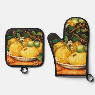 SEASON'S FRUITS LEMONS AND WHITE FLOWERS OVEN MITT & POT HOLDER SET