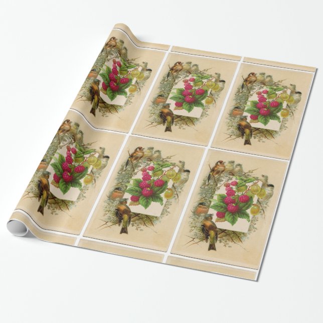 SEASON'S FRUITS / NATURE ,BIRDS AND RASPBERRIES WRAPPING PAPER (Unrolled)