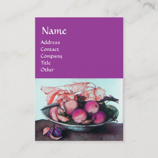 SEASON'S FRUITS Peaches,Prunes and Leaves Purple Business Card (Front)