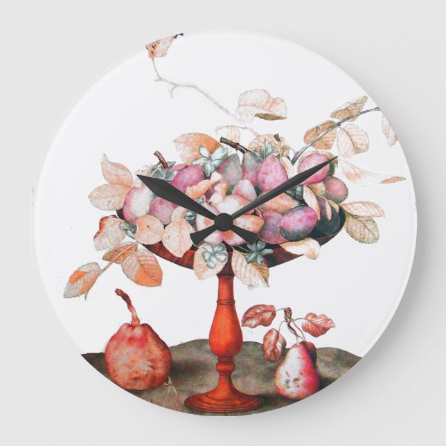 SEASON'S FRUITS PRUNES,PEARS,LEAVES IN FRUIT BOWL LARGE CLOCK (Front)
