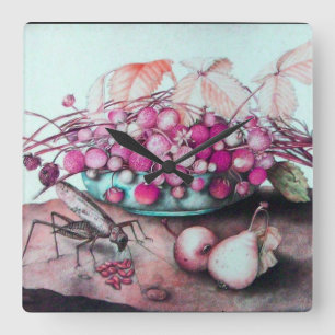 SEASON'S FRUITS ,STRAWBERRIES PEARS AND CICADA SQUARE WALL CLOCK