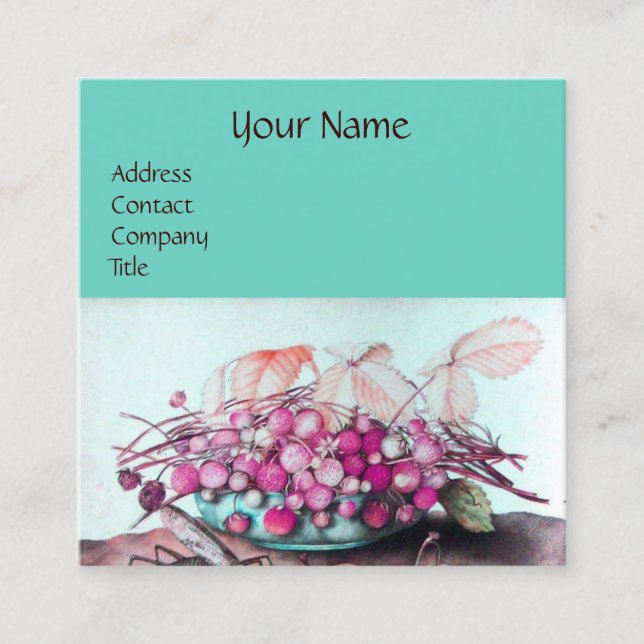 SEASON'S FRUITS /STRAWBERRIES,PEARS Pink Teal Blue Square Business Card (Front)