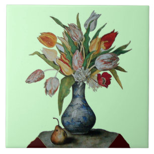 SEASON'S FRUITS,TULIPS IN VASE AND PEAR Soft Green Tile