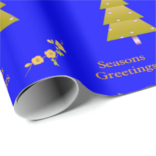 Season's Greeting Blue Gold Trees Wrapping Paper