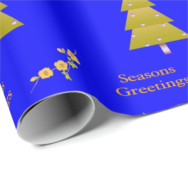 Season's Greeting Blue Gold Trees Wrapping Paper (Roll Corner)