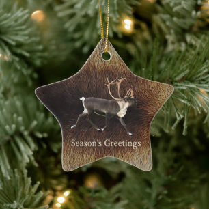 Season's Greeting - Bull Caribou (Reindeer) Ceramic Tree Decoration