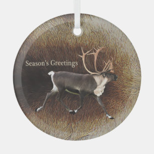 Season's Greeting - Bull Caribou (Reindeer) Glass Tree Decoration