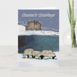Season's Greeting Digital Painted Sheep And Scener Holiday Card