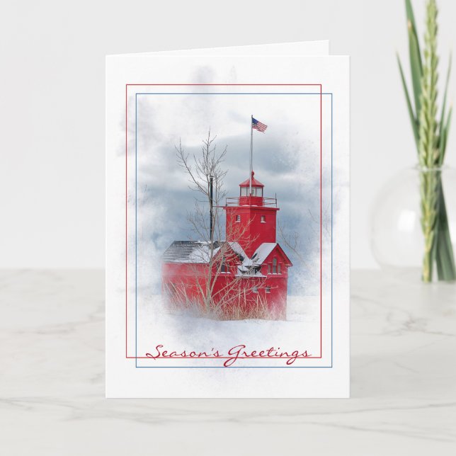 season's greeting red lighthouse in snow holiday card (Front)