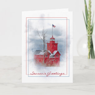 season's greeting red lighthouse in snow holiday card