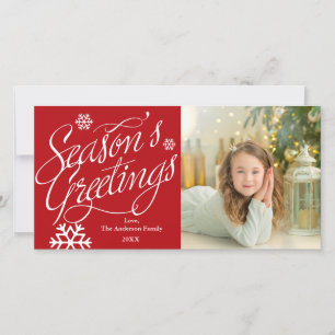 Seasons Greeting Script Red Holiday Photo Card