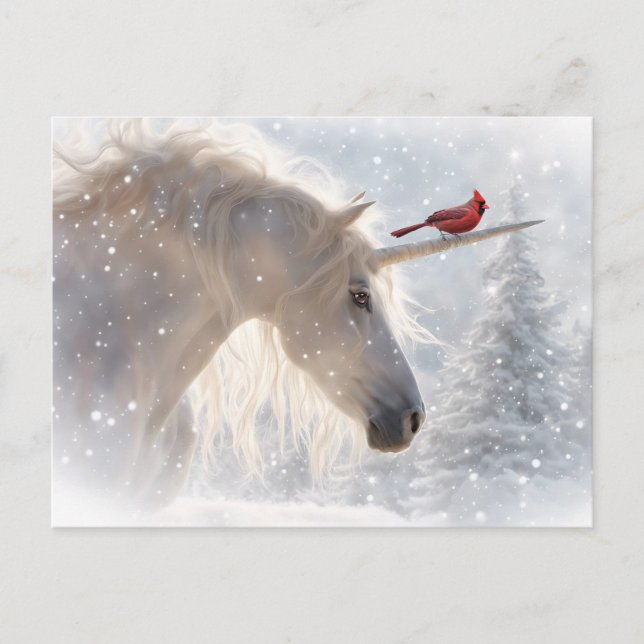Season's Greeting Unicorn Cardinal Christmas Holiday Postcard (Front)