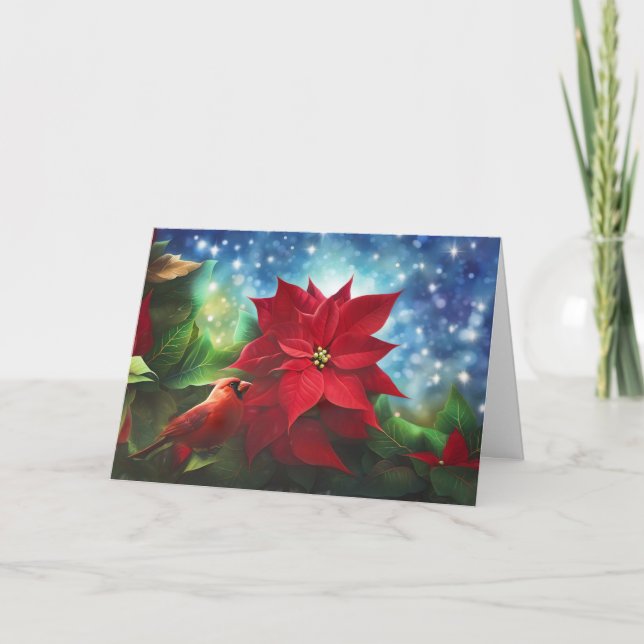 Seasons Greeting with Cardinal and Poinsettia  Card (Front)