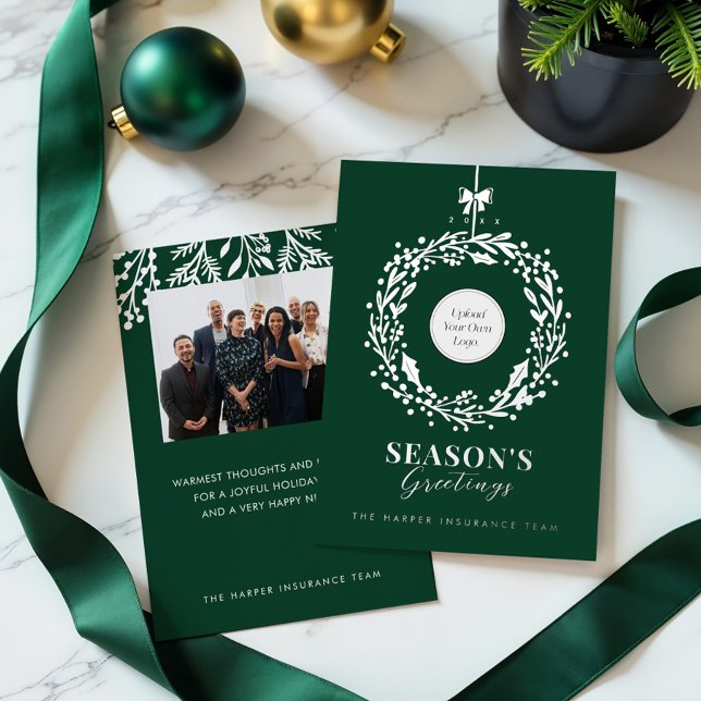  Season's Greeting Wreath Business Logo & Photo Foil Holiday Card (Season's Greeting Wreath Business Logo & Photo Foil Holiday Card)