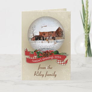 Season's Greetings 2026 Snow Globe With Barn Holiday Card