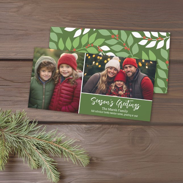 Seasons Greetings - 2 photos - botanical pattern Holiday Card (Holiday Photo card with a 2 Photo Collage. Download Option Available. Green Accents)