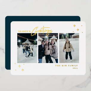 Season's Greetings 3 Photo Foil Holiday Card