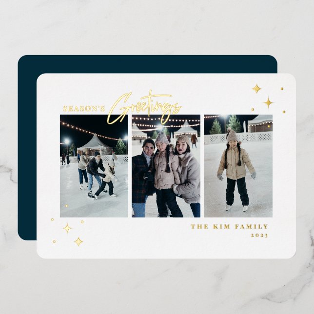 Season's Greetings 3 Photo Foil Holiday Card (Front/Back)