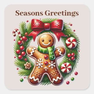 Seasons Greetings add text gingerbread  Square Sticker