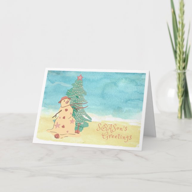Season's Greetings Beach Snowman Holiday Card (Front)