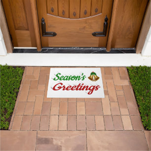 Seasons Greetings Bells Christmas red green script Doormat