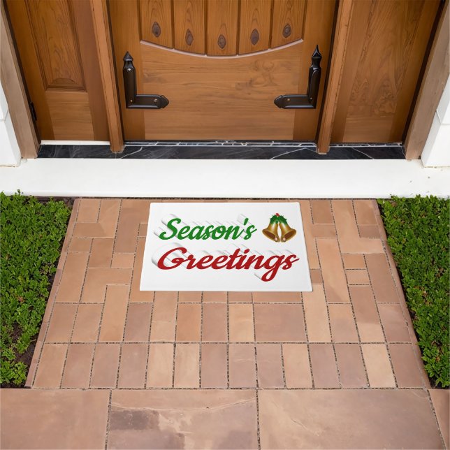 Seasons Greetings Bells Christmas red green script Doormat (Outdoor)