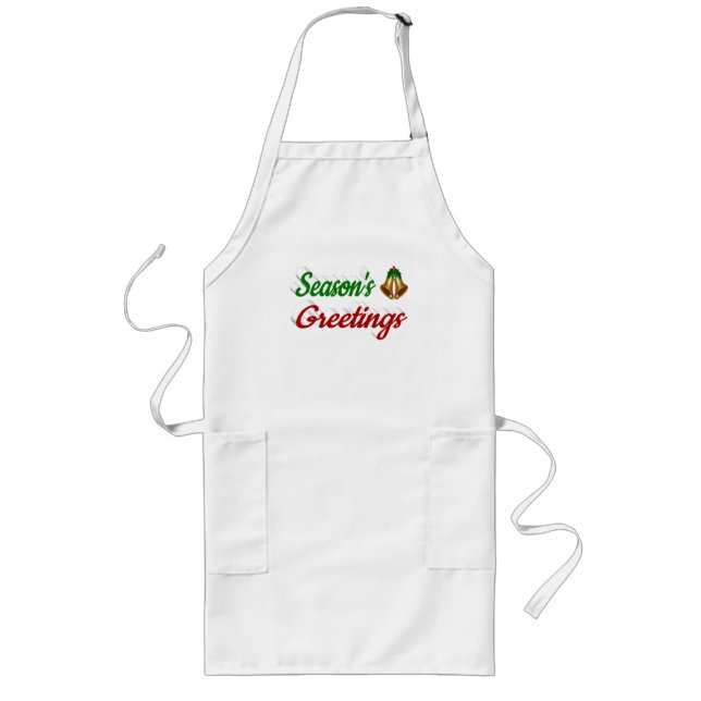 Seasons Greetings Bells Christmas red green script Long Apron (Front)