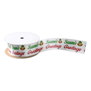 Seasons Greetings Bells Christmas red green script Satin Ribbon