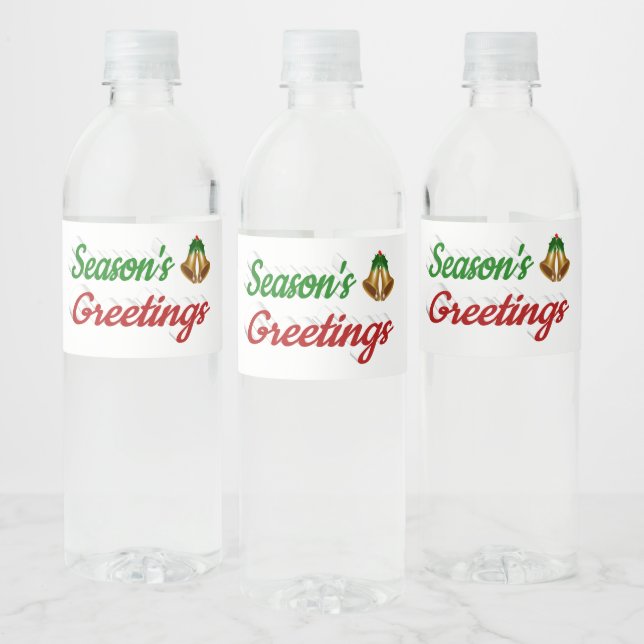 Seasons Greetings Bells Christmas red green script Water Bottle Label (Bottles)