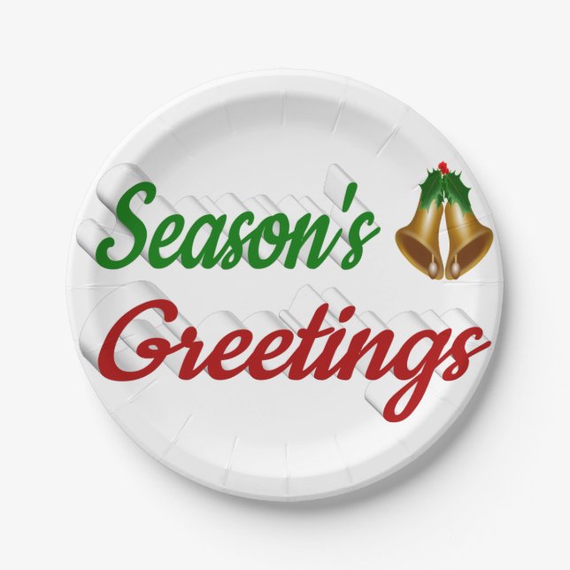 Seasons Greetings Bells script Christmas  Paper Plate (Front)