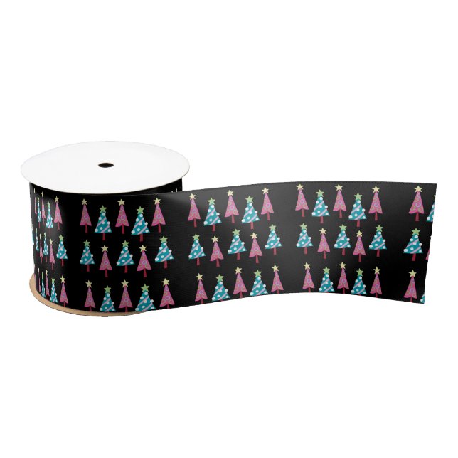 Seasons Greetings, Black Merry Christmas Trees Satin Ribbon (Spool)