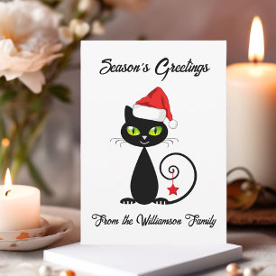 Seasons Greetings Black Santa Claus Christmas Cat Holiday Card