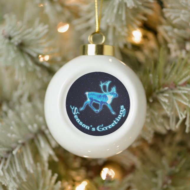 Season's Greetings - Blue Caribou (Reindeer) Ceramic Ball Christmas Ornament (Tree)