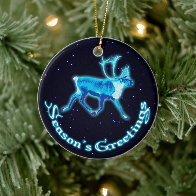 Season's Greetings - Blue Caribou (Reindeer) Ceramic Tree Decoration (Tree)