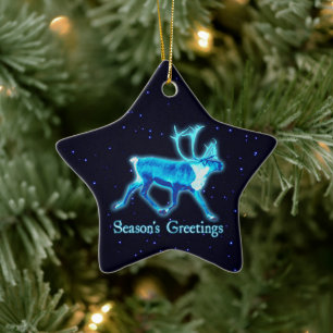 Season's Greetings - Blue Caribou (Reindeer) Ceramic Tree Decoration