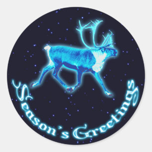 Season's Greetings - Blue Caribou (Reindeer) Classic Round Sticker